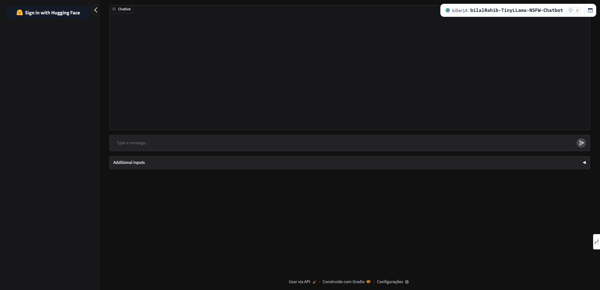 Página inicial do BilalRahib TinyLLama NSFW Chatbot em 16/09/2026