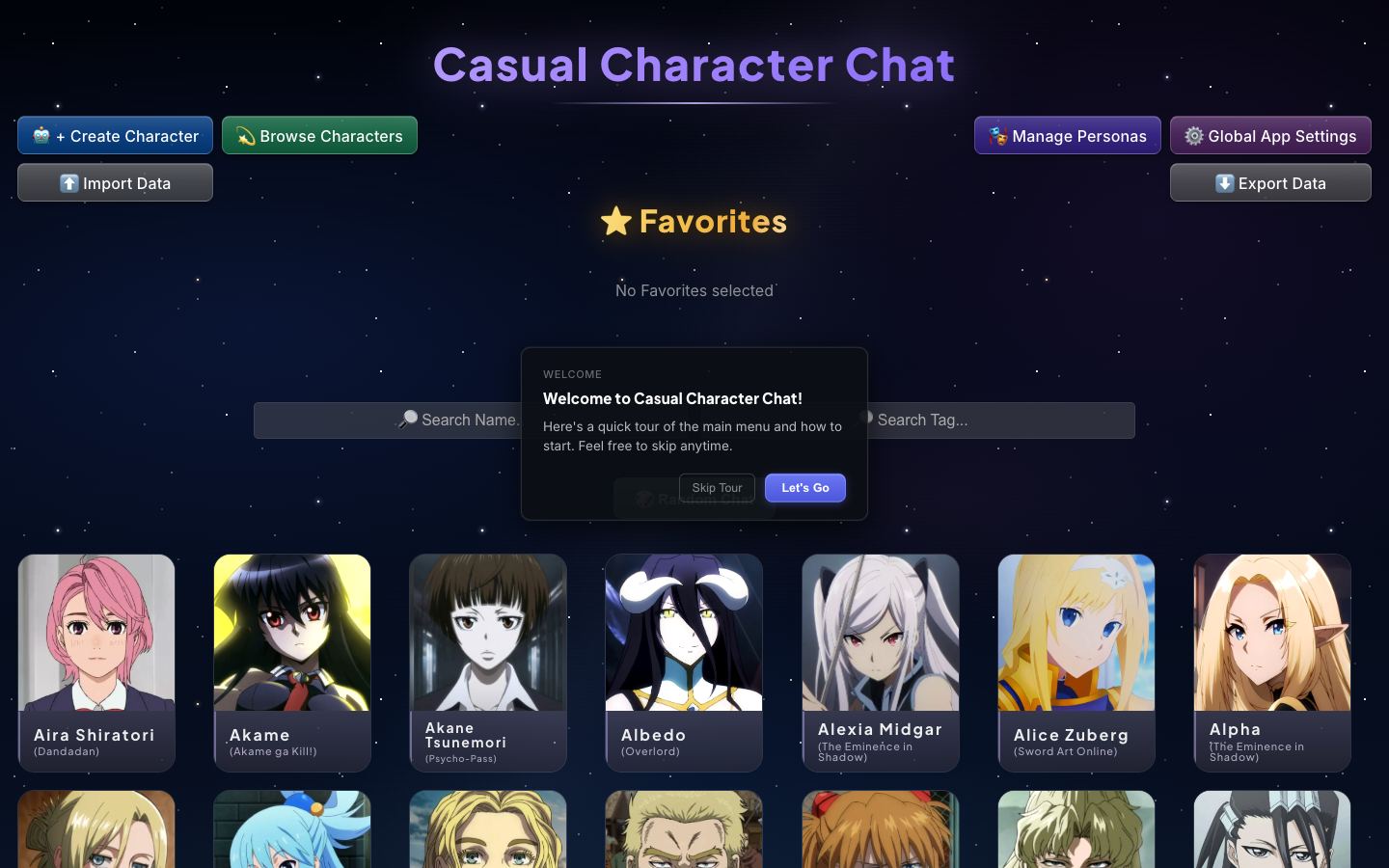 Página inicial do Casual Character Chat em 16/09/2026