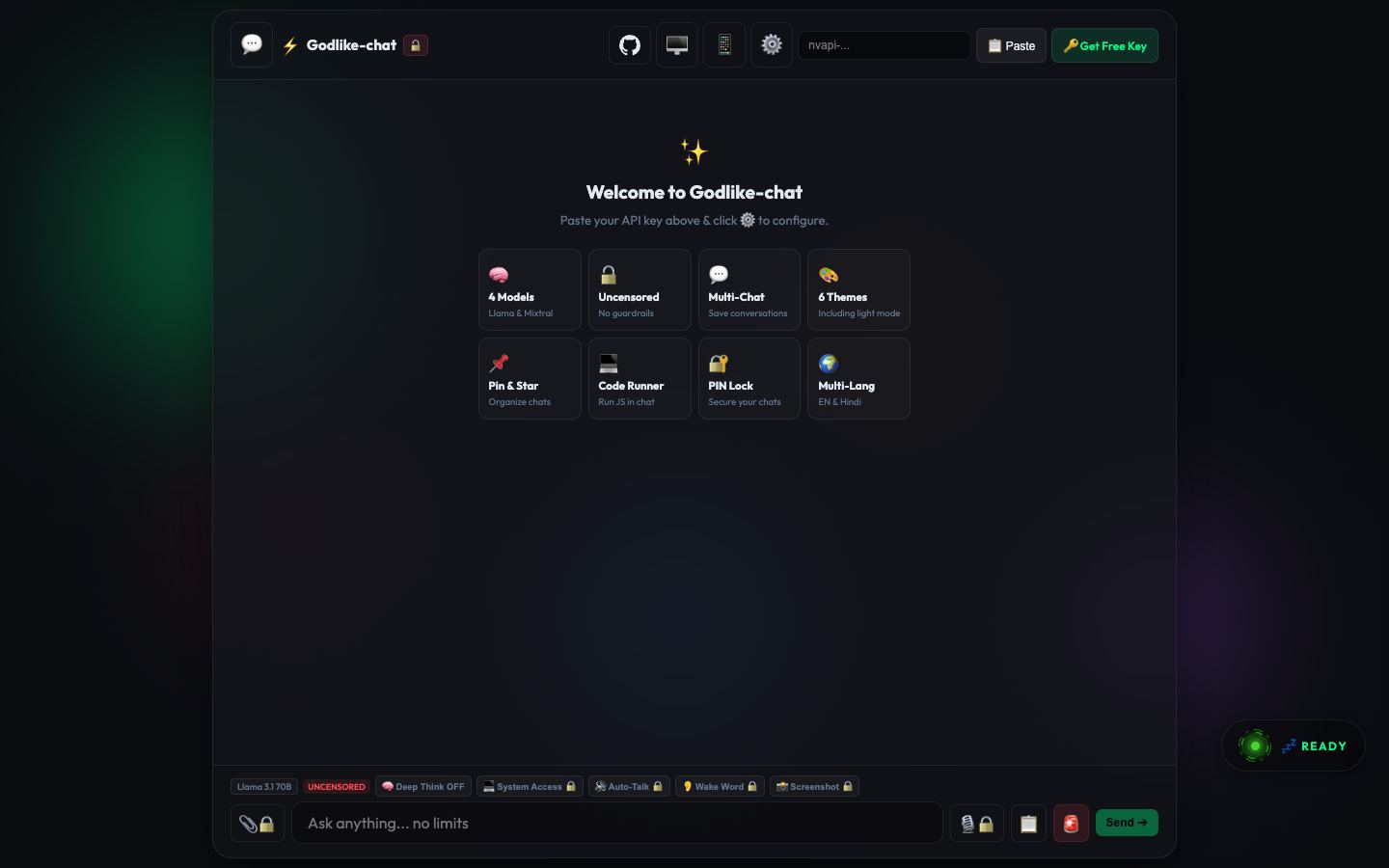 Página inicial do Godlike-chat em 17/09/2026