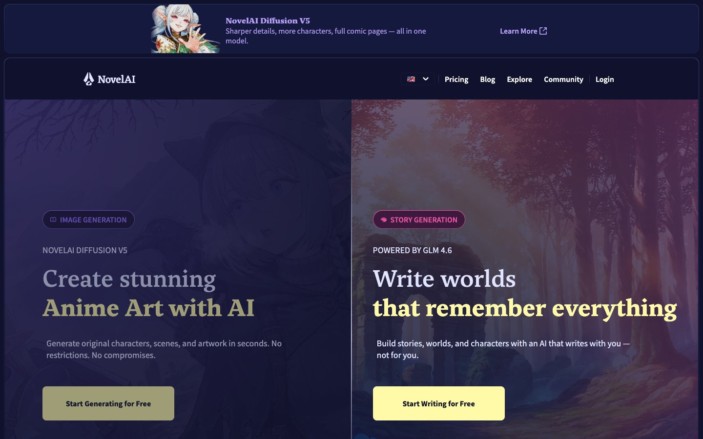 Página inicial do NovelAI em 14/09/2026