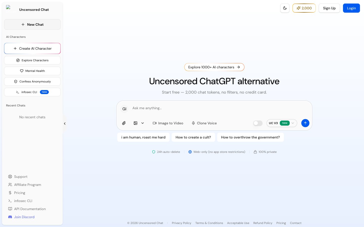 Página inicial do Uncensored Chat em 14/09/2026